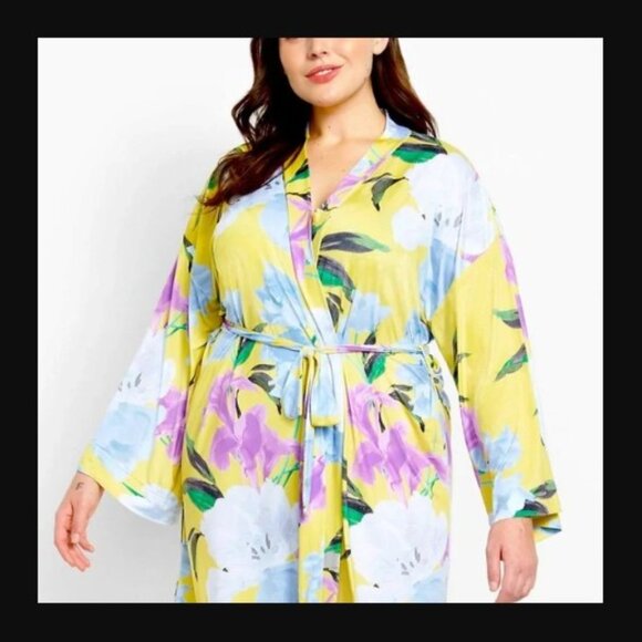 Lane Bryant Cacique Long Sleeve Yellow Floral Silky Style Robe with Tie 18/20 - Picture 1 of 8